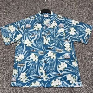 AE Sport US Navy Button Up Shirt Men Large Blue Hawaiian Floral Short Sleeve L